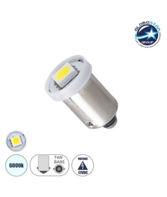 GLOBOSTAR® BA9S-T4W 81282 Λάμπα Ba9S T4W LED 0.3W 30lm 120° DC 12V IP20 Ψυχρό Λευκό 6000K - 1 x Epistar SMD5050 Chip - Μ1.1 x Π1.1 x Υ1.6cm - 1 Χρόνο Εγγύηση